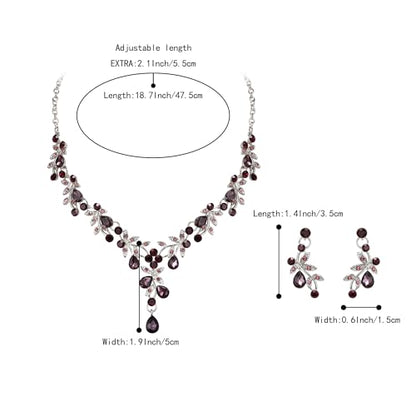 BriLove Wedding Jewelry Set for Women Bride, Y-Necklace Dangle Earrings Crystal Teardrop Leaf Flower Cluster Bridal Bridesmaid - color: 07-Purple