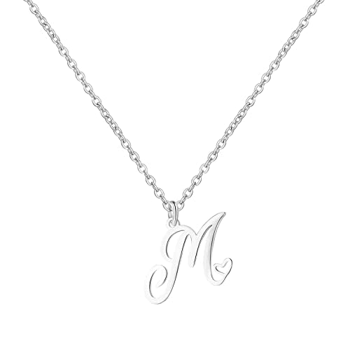 Gold Heart Initial Necklaces for Women, Minimalist Initial Heart Necklaces for Her, Dainty Alphabet Letter Pendant Necklaces Gift Jewelry - color: Silver, style: M