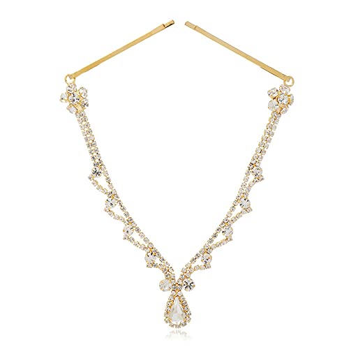 Missgrace Women Bridal Rhinestone Gold Forehead Head Chain Clip Headband Boho Crystal Teardrop Headpiece Hair Jewelry Wedding Prom Party Halloween Festival Hair Accessories for Women (Gold) - color: Gold
