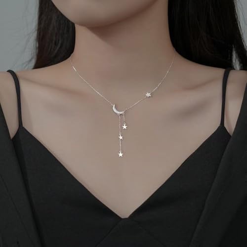 Silver Moon and Star Pendant Necklace for Women, Dainty Layered Y Chain Necklace, Elegant Celestial Jewelry Gift