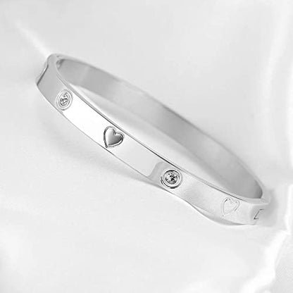 VQYSKO Love Friendship Bracelet Bangle Gold Rose Gold Silver with Cubic Zirconia Stones Stainless Steel Hinged Jewelry with Crystal Oval Bracelet Birthday Present for Her Women Teen Girls - style: 6.7 Inch-Heart-Silver