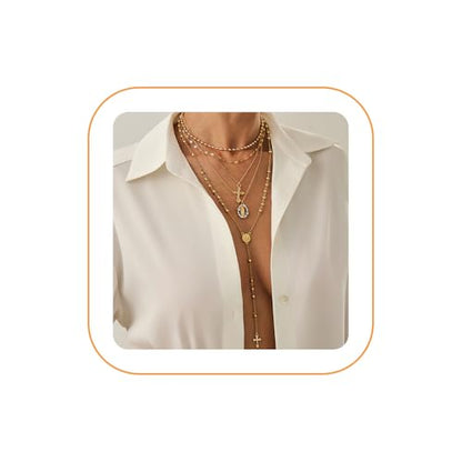 Layered Cross Necklace Set for Women, Layered Choker Necklaces Trendy Jewelry, Colorful Enamel Beaded Y-Shaped Lariat Necklace, Boho Multilayer Cross Necklace for Party and Daily Wear - color: Gold-03