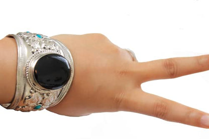 Boho Black Onyx Adjustable Cuff Bracelet | Argentium Plated Stainless Steel Jewelry for Men & Women