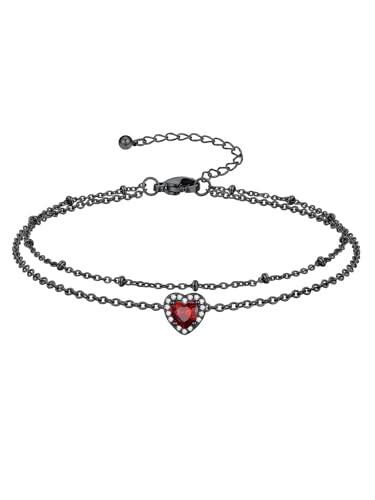 Richsteel Double Layer Heart/Butterfly Birthstone Anklet for Women | Non Tarnish Waterproof, Silver/Gold/Black Stainless Steel 8.5-10.5 Inch Adjustable Chain Anklets Summer Beach Foot Jewelry - color: Black Heart-01 Jan.(Garnet)
