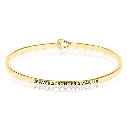 SM Inspirational Positive Message Engraved Thin Cuff Bangle Bracelets for Women (Braver,Stronger,Smarter - Gold)