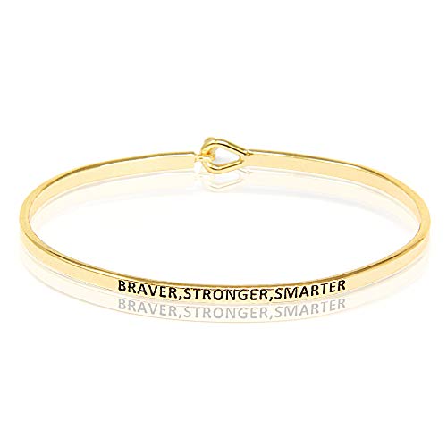 SM Inspirational Positive Message Engraved Thin Cuff Bangle Bracelets for Women (Braver,Stronger,Smarter - Gold)