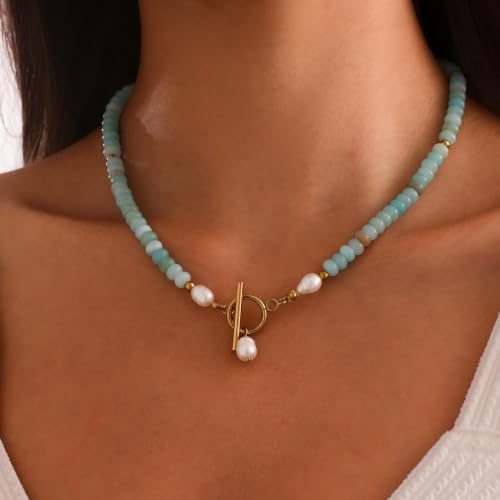 Dainty Turquoise Pearl Pendant Necklace 18K Gold Plated Bohemian Stone Pearl Choker Necklace for Women Dainty Natural Stone Choker Turquoise Beaded Necklace - color: Gold
