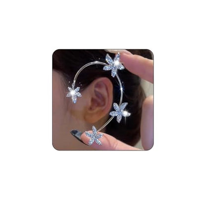 BETHYNAS Glitter Rhinestone Butterfly Flower Ear Cuff Sparkly Non-Pierced Crystal Tassel Fake Earrings Climber Lady Ear Wrap Bridal Party Ear Jewelry for Women and Girls - color: Silver Flower