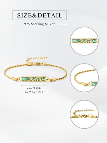 Waves/Tree of Life/Mushrooms/Moon Phase/Butterfly/Hummingbird Bracelet/Anklet 925 Sterling Silver Adjustable Abalone Shell Bar Bracelet/Anklet Summer Jewelry Gifts for Women - color: Waves-Abalone-Yellow Gold, size: Bracele 7"+2"