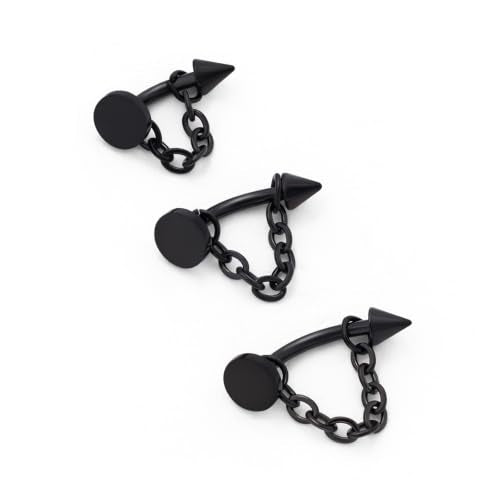 3 Pcs 316L Stainless Steel 16G Tragus Helix Rook Piercing Jewelry with Chain, Cartilage Earrings for Women, Belly Button Ring Vertical Labret Lip Piercing Jewelry - color: Black, size: Disc