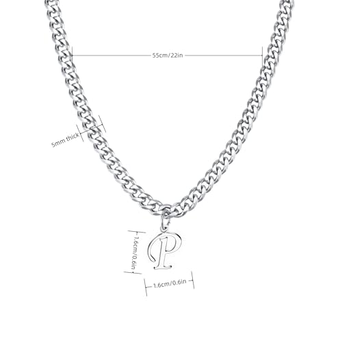 Stainless Steel Initial A-Z Necklace for Men Women,Cuban Chain,Titanium Steel Initial Letter Pendant Charm Necklaces Accessories Jewelry for Woman Man,21 Inch Chain - color: P