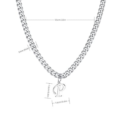 Stainless Steel Initial A-Z Necklace for Men Women,Cuban Chain,Titanium Steel Initial Letter Pendant Charm Necklaces Accessories Jewelry for Woman Man,21 Inch Chain - color: P