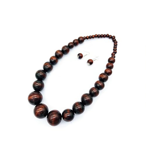 Colorful African Wooden Beaded Choker Neckalce Drop Dangle Earrings Set Chunky Strands Beads Large Bib Collar for Women 60's 70s Wedding Bohemain Jewelry - color: wood