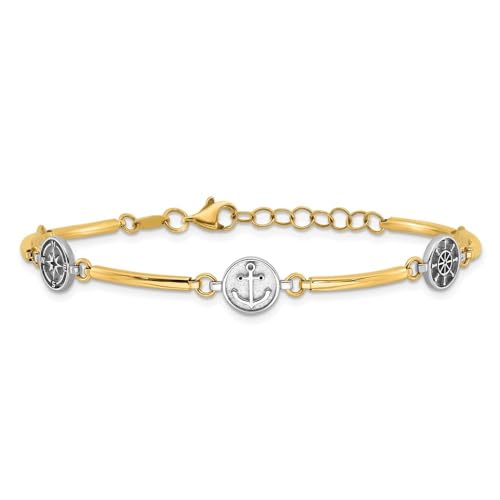Diamond2Deal 14K Two-tone Gold Polished Compass/Anchor/Ships Wheel Bracelet 7" Plus 1 inch Ext.