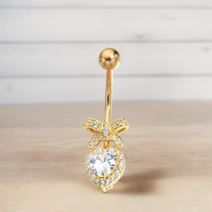 B BodyPJ Sparkles Peach Heart Bow Stainless Steel CZ Dangle Navel Piercing Barbell Belly Button Rings For Women - color: Gold+Clear CZ