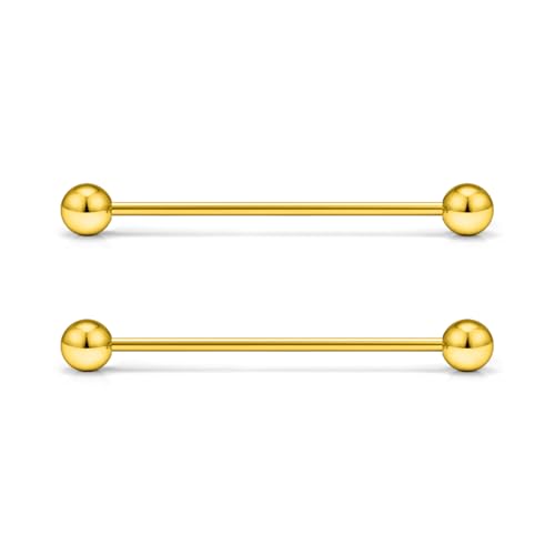16G 14G Surgical Steel Tongue Rings Nipple Rings Industrial Piercing Jewelry Set Multi Size Straight Barbells 12mm 14mm 16mm 19mm 22mm 28mm 32mm 35mm 38mm 40mm 45mm for Women Men - color: goldtone, size: 16g,bar length 28mm