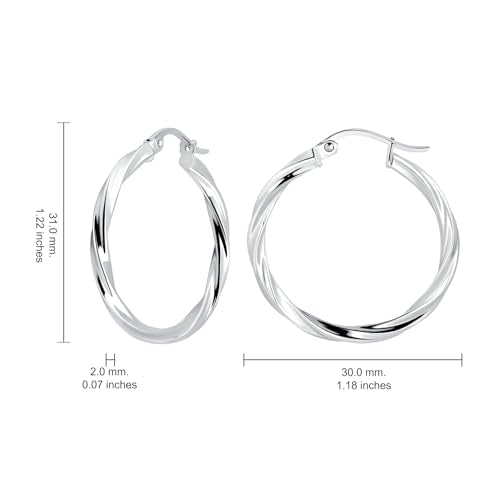 Hoops & Loops 925 Sterling Silver Twisted Hoop Earrings for Women - Hypoallergenic 14K Gold, Rose Gold, Black Flash Plated 2mm Thin Twist Design Round Click-Top Hoops, 15/20/25/30/35/40/50/60mm - color: Silver-30mm (1.2 inch)