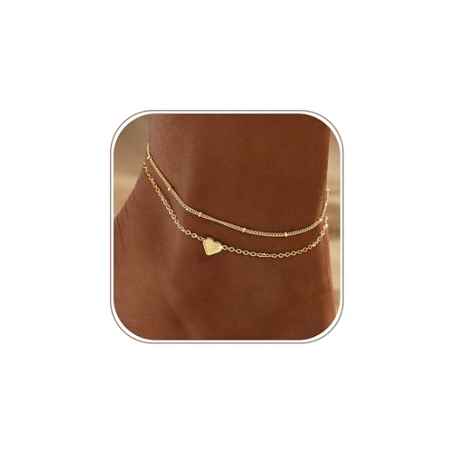 CAROVO Gold Ankle Bracelets for Women Waterproof,14K Gold Plated Bead Leaf Heart Dot Satellite Chain Layered Anklets Non Tarnish Summer Beach Jewelry Gift for Women - style: D: Heart&Satellite