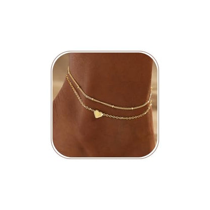 CAROVO Gold Ankle Bracelets for Women Waterproof,14K Gold Plated Bead Leaf Heart Dot Satellite Chain Layered Anklets Non Tarnish Summer Beach Jewelry Gift for Women - style: D: Heart&Satellite