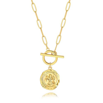 18k Gold Plated Chain Link Necklace for Women, Baroque Pearl/Compass Pendant Necklace - color: Iris Flower