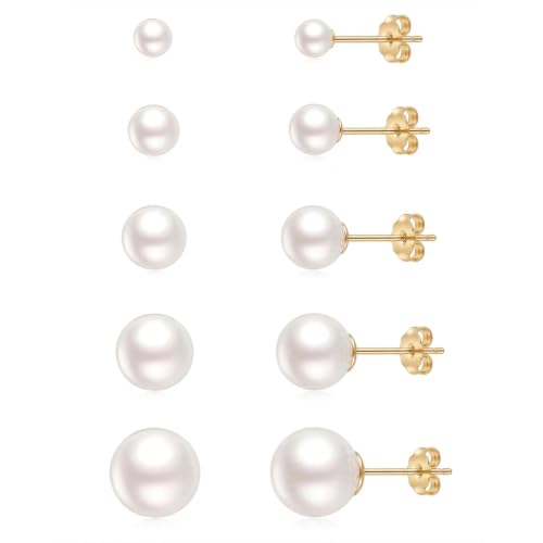 ToHeart 5 Pairs 14K Gold Silver Plated Pearl Stud Earrings for Women 3-7MM | Hypoallergenic Pearl Earrings Set Lightweight Cartilage Piercing Earrings Jewelry Gifts for Women - style: Gold