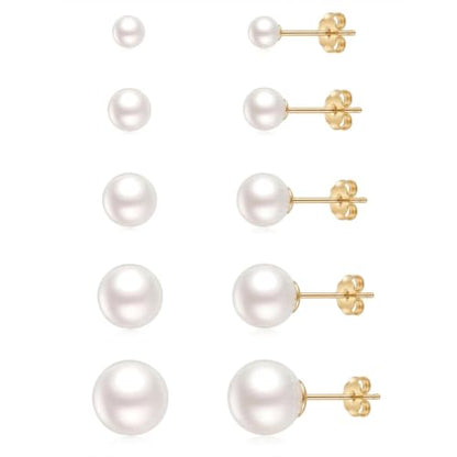 ToHeart 5 Pairs 14K Gold Silver Plated Pearl Stud Earrings for Women 3-7MM | Hypoallergenic Pearl Earrings Set Lightweight Cartilage Piercing Earrings Jewelry Gifts for Women - style: Gold