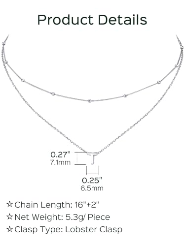 ChicSilver Layered Initial Necklace for Women, 925 Sterling Silver Personalized Letter A-Z Pendant Necklaces, Hypoallergenic Silver Choker with Adjustable 16" Rolo Chain, Dainty Birthday jewelry - style: T