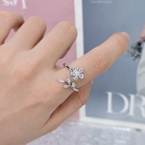 Kokoma Delicate Flower Leaf Wrap Finger Ring for Women Pink Cubic Zirconia Crystal Floral Statement Ring Promise Engagement Rings Adjustable Open Band - color: Silver