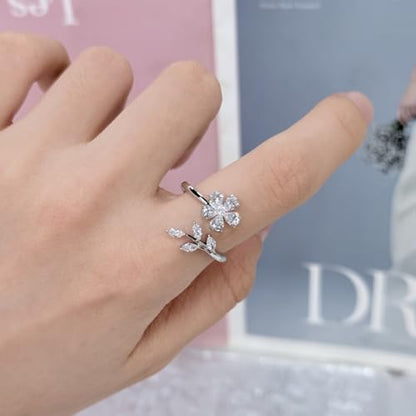 Kokoma Delicate Flower Leaf Wrap Finger Ring for Women Pink Cubic Zirconia Crystal Floral Statement Ring Promise Engagement Rings Adjustable Open Band - color: Silver