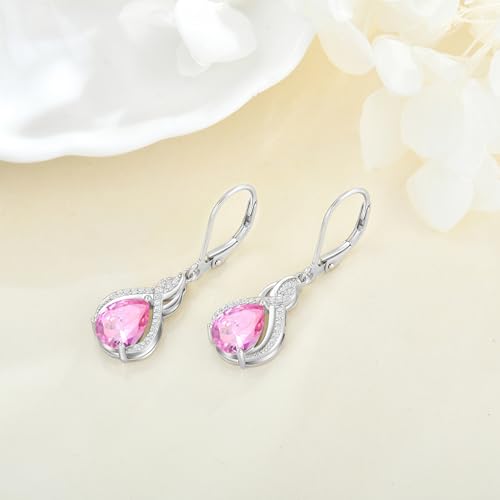 925 Sterling Silver Infinity Teardrop Earrings for Women | Lwsary Dangle Drop Leverback Earrings, Pear Shaped Birthstone Jewelry for Her - color: Pink