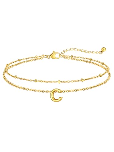 FaithHeart Initial Ankle Bracelets for Women, Waterproof 14k Gold Plated Initial Anklets Non Tarnish Stainless Steel Cute Layered Anklet Summer Beach Jewelry - color: Gold, size: Initial C