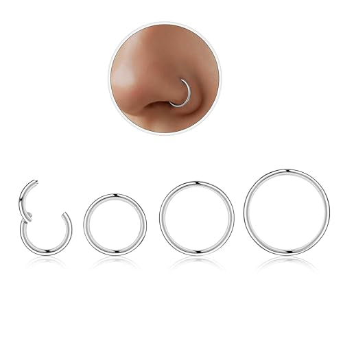 4Pcs Titanium Nose Rings Hoops for Women Men, 18G Gold/Silver Nose Hoops | Hinged Clicker Septum Rings Tragus Conch Helix Daith Lip Body Piercing Jewelry - color: Silver