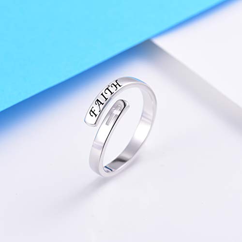 Fookduoduo 925 Sterling Silver Ring Inspirational Jewelry adjustable Wrap Open Rings for Women - style: faith ring