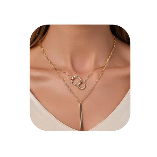 RANKEEF Layered Gold Necklaces For Women 14K Gold Plated Adjustable Pearl Round Piece Bar Layered Necklace Sleek Herringbone Chain Double Circle Layered Necklace Set Gold Layered Necklaces For Women