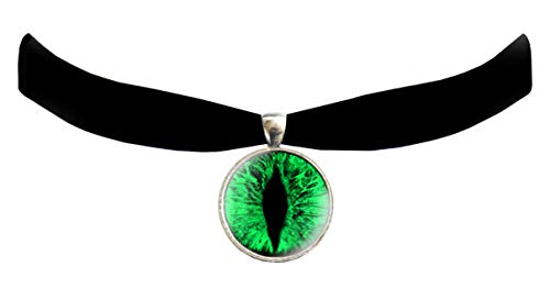 Victorian Vault Cat Dragon Eye Black Velvet Choker Steampunk Gothic Pendant Necklace - color: Green