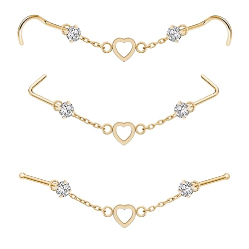 Nose Ring Chain Across Nose Black Stainless Steel Nostril Nose Piercing Chain with Cubic Zirconia Nose Screw Bone L-Shaped Ring for Women Body Piercing Nostril Jewelry with Bridge Chain - color: Gold-Single Heart Nose Chain Studs