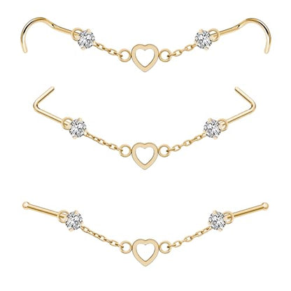Nose Ring Chain Across Nose Black Stainless Steel Nostril Nose Piercing Chain with Cubic Zirconia Nose Screw Bone L-Shaped Ring for Women Body Piercing Nostril Jewelry with Bridge Chain - color: Gold-Single Heart Nose Chain Studs