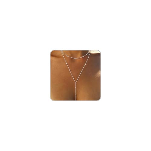 Lariat Necklace for Women, Dainty Long Necklaces, 14k Gold/Silver Plated Y-Shaped Drop Chain Necklace, Simple Layered Necklaces, Trendy Jewelry Gifts - style: Y Layered Bead Necklace-Silver