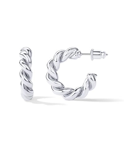 PAVOI 14K Gold Plated Twisted Rope Round Hoop Earrings - color: White Gold, size: 16 MM