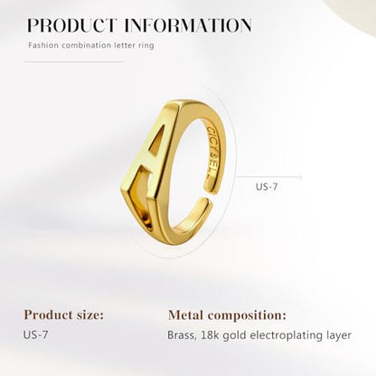 Cicy Bell Initial Rings for Women 18k Gold Plated Adjustable Rings | Open Signet Rings, Bold Letter, Personalized Engraved, For Party - color: Initial-A