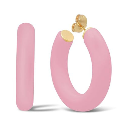 Gold Plated Multicolor Resin Chunky Thick Open Hoop Earrings in 57MM and 37.5MM Diameters - color: Pink - Pastel - Matte Finish, size: 37.5MM (1.48") Diameter
