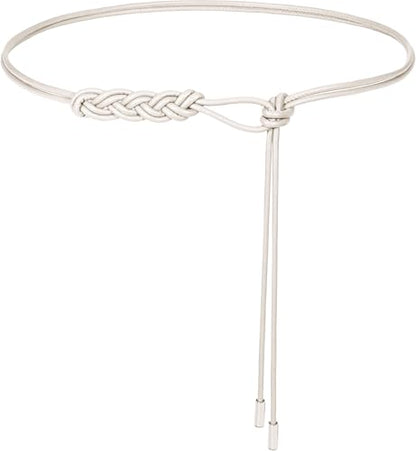 Women's Knotted Thin Waist Belt PU Leather Skinny Belts for Dresses Pants - color: Plaited Hair-white