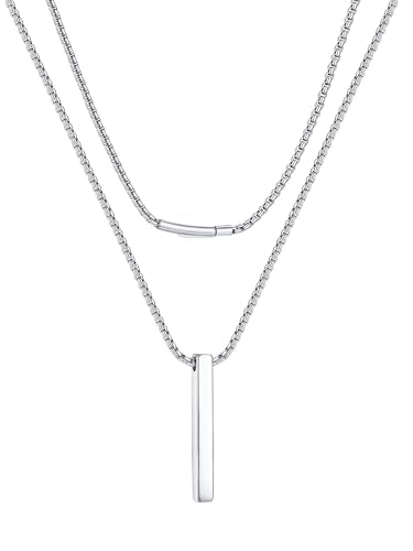 PROSTEEL Bar Pendant Necklace for Men with Box Chain, Minimalist Jewelry | 316L Stainless Steel, 3 Bar Pendant Sizes (30/40/50mm), 5 Chain Lengths (16"–24"), Silver/Black/18K Gold Plated, Gift Box - color: Silver, size: 18", style: Rectangle-Middle