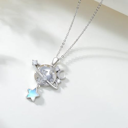 Dragonfly Necklace 925 Sterling Silver Moonstone Necklace Rainbow Stone Dragonfly Jewelry Christmas Birthday Gifts for Women Mom Her - style: Galaxy Planet with Moonstone