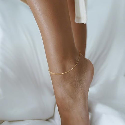 14K Gold Anklets for Women Gold Ankle Bracelets for Women | Cuban Chain with Spaced Tiny Disc Ankle Bracelets for Women Waterproof Women's Anklets 11(9+2) Inches