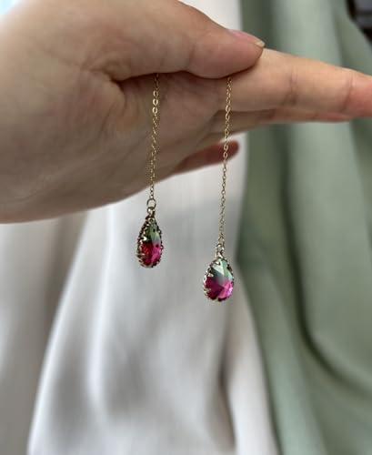 WANGGAO Stainless Steel Water Drop Long Chain Earrings for Women Linear Crystal Threader Earrings Jewelry - color: Green Pink