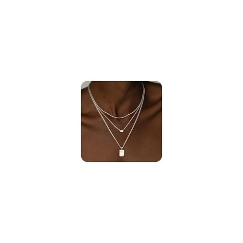 Layered Gold Necklace for Women Trendy,14K Gold Plated Dainty Stackable Cuban Link Herringbone Paperclip Chain Diamond/Coin/Cross/Tag/Mobius Pendant Necklace Set Fashion Jewelry Christmas Gifts - color: Silver CZ Curved Tag Pendant