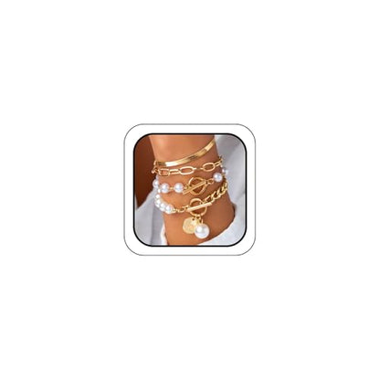 Gold Silver Beaded Pearl Bracelets Stacked for Women Coin Chain Accessories | Statement Stack OT Buckle Bracelet, Charm Stackable Pearls Coins Drop Paperclip Link, Fashion Layered Prom Party Jewelry Gift - color: Gold
