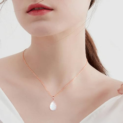 CRMAD Larimar/Opal/Lapis Lazuli/Tourmaline/Malachite/Labradorite/Turquoise/Onyx/Rose Quartz/Amber/Peridot Necklace for Women 925 Sterling Silver Teardrop Pendant Jewelry Gifts - color: opal - rose gold