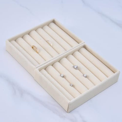 Ring Tray - 2PCS Small Jewelry Organizer, Velvet Rings & Earrings Display Tray with Storage Insert (Beige)